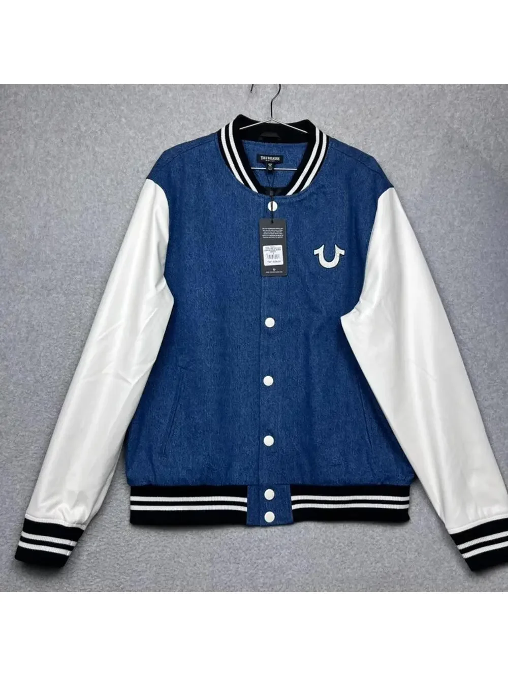 True Religion Mens Varsity Jacket Blue Denim White Sleeve Buddha Logo Size L
